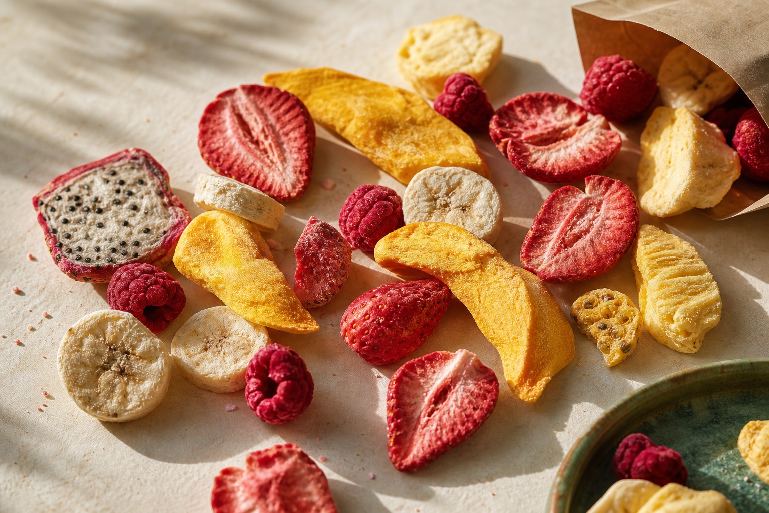 Freeze-dried strawberry, mango, banana, raspberry, and tropical fruit pieces
