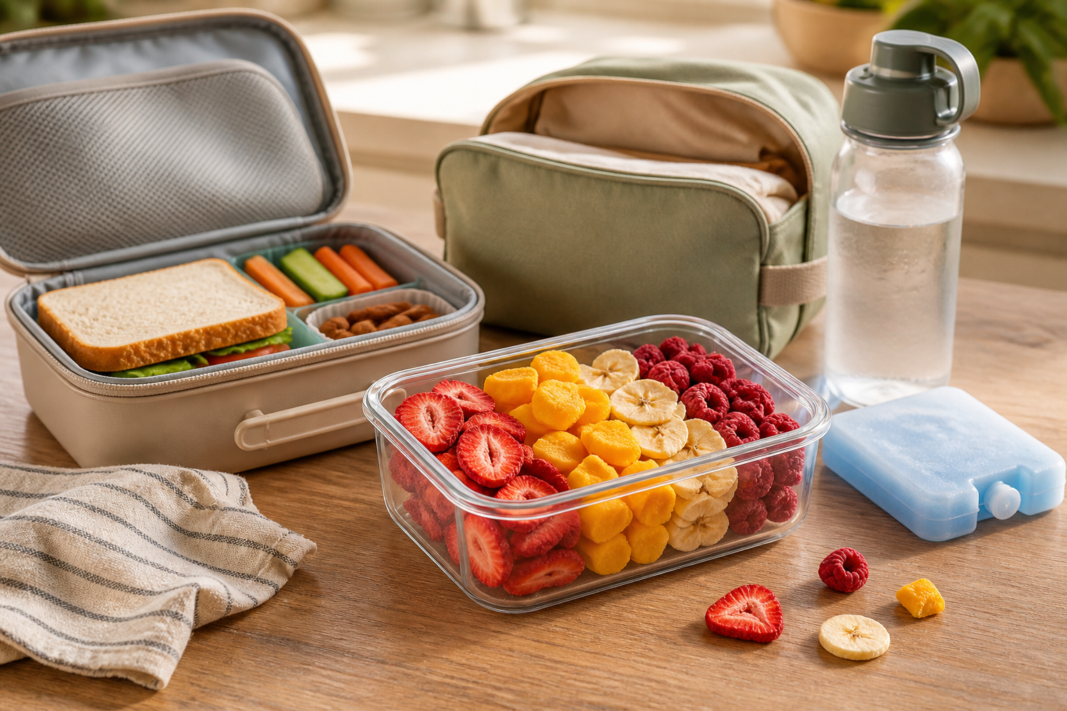 A packed lunchbox beside a travel bag, water bottle, ice pack, and a sealed container of freeze-dried strawberries, mango, bananas, and raspberries
